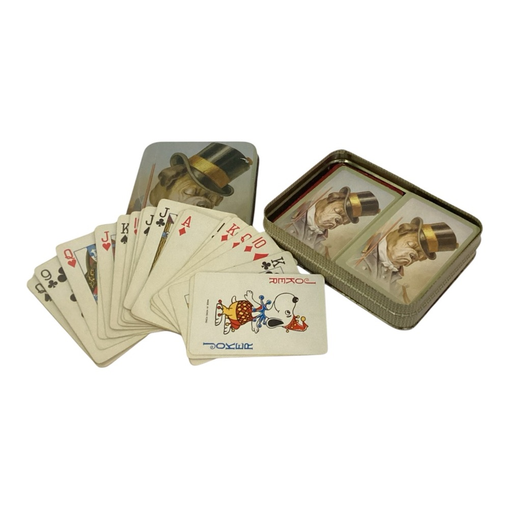Vintage Bulldog Playing Cards Set in Tin Case Poker Deck Dogs Top Hat